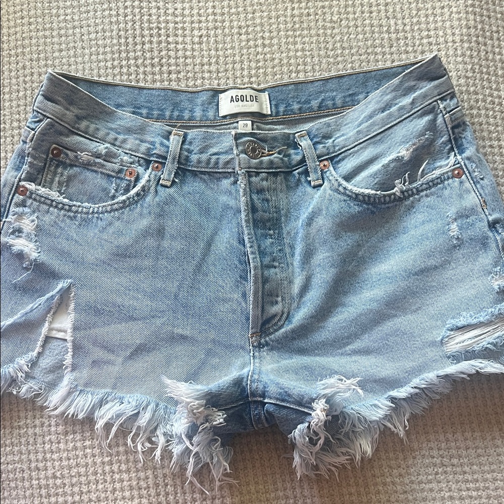 Agolde Light Wash Distressed Denim Cutoff Shorts